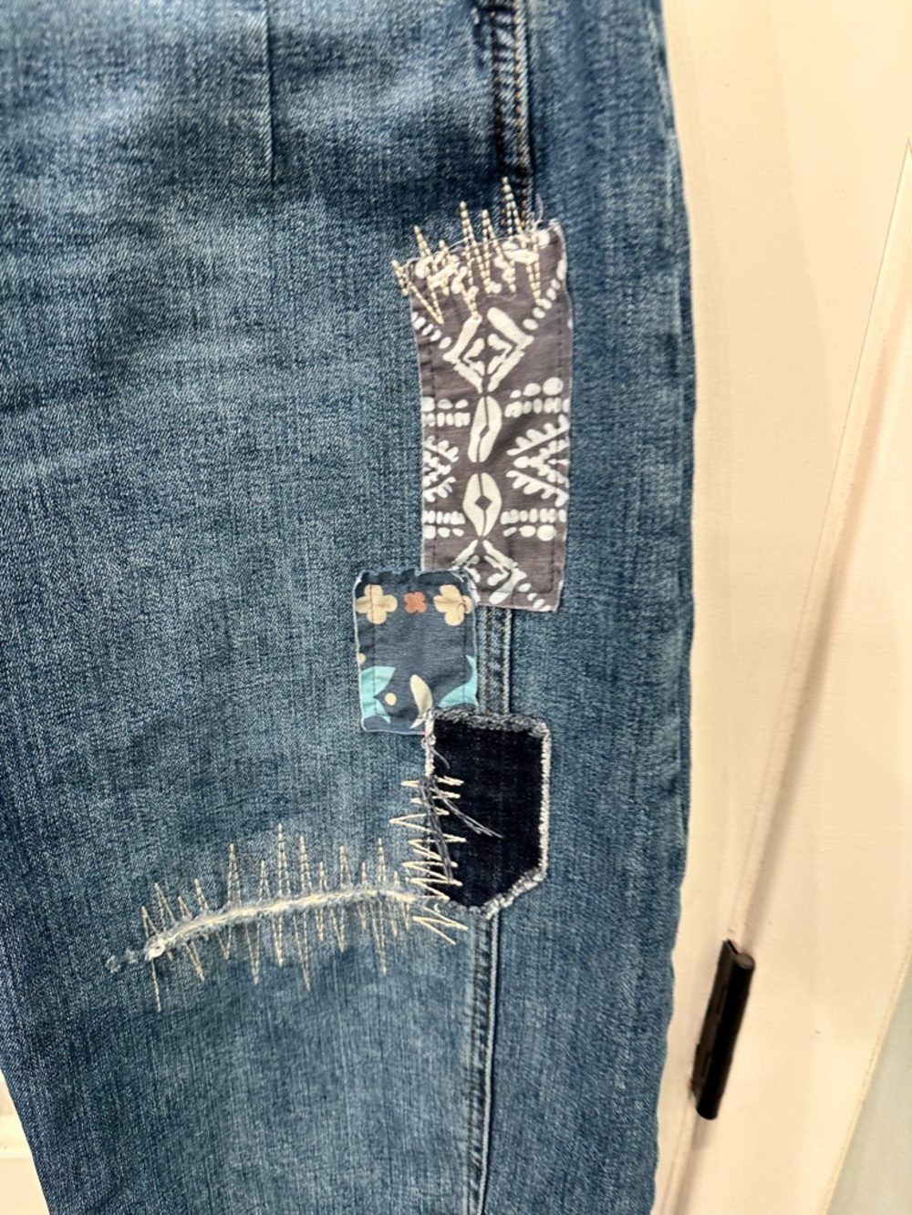 Pilcro Wide Leg Patchwork Jeans in Dark Blue with Multicolor Patches - Picture 6 of 9